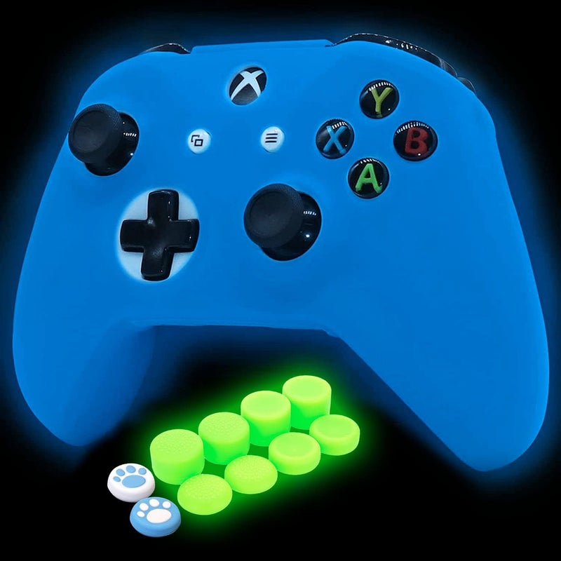 HLRAO Blue Silicone Cover Skin for Xbox One S/X Controller Glow in The Dark Anti-Slip Soft Rubber Case Protector Accessories Set with 8 Glow in The Dark Thumb Grips Caps + 2 Cute Cat Paw Caps. - Image 1